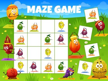 Sudoku çocuk oyun kâğıdı. Karikatür meyveli yoga vektör karakterleri. Sudoku çocuk oyunu mu yoksa yogadaki tropikal meyvelerle bulmaca mı? Guava, feijoa ve üzüm, meon, papaya ve tutku meyvesi