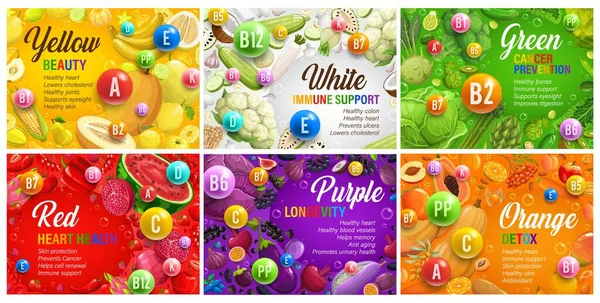 Color Rainbow Diet Posters Organic Nutrition Multivitamins Healthy Food Vector — 스톡 벡터