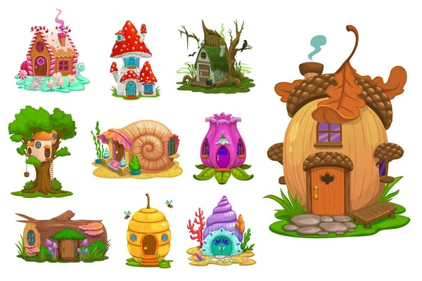 卡通童话般的幻想屋和矮人或侏儒的住所 病媒有趣的茅屋 童话般的童话蘑菇 蜂窝或橡果 蜗牛和原木 贝壳屋 — 图库矢量图片