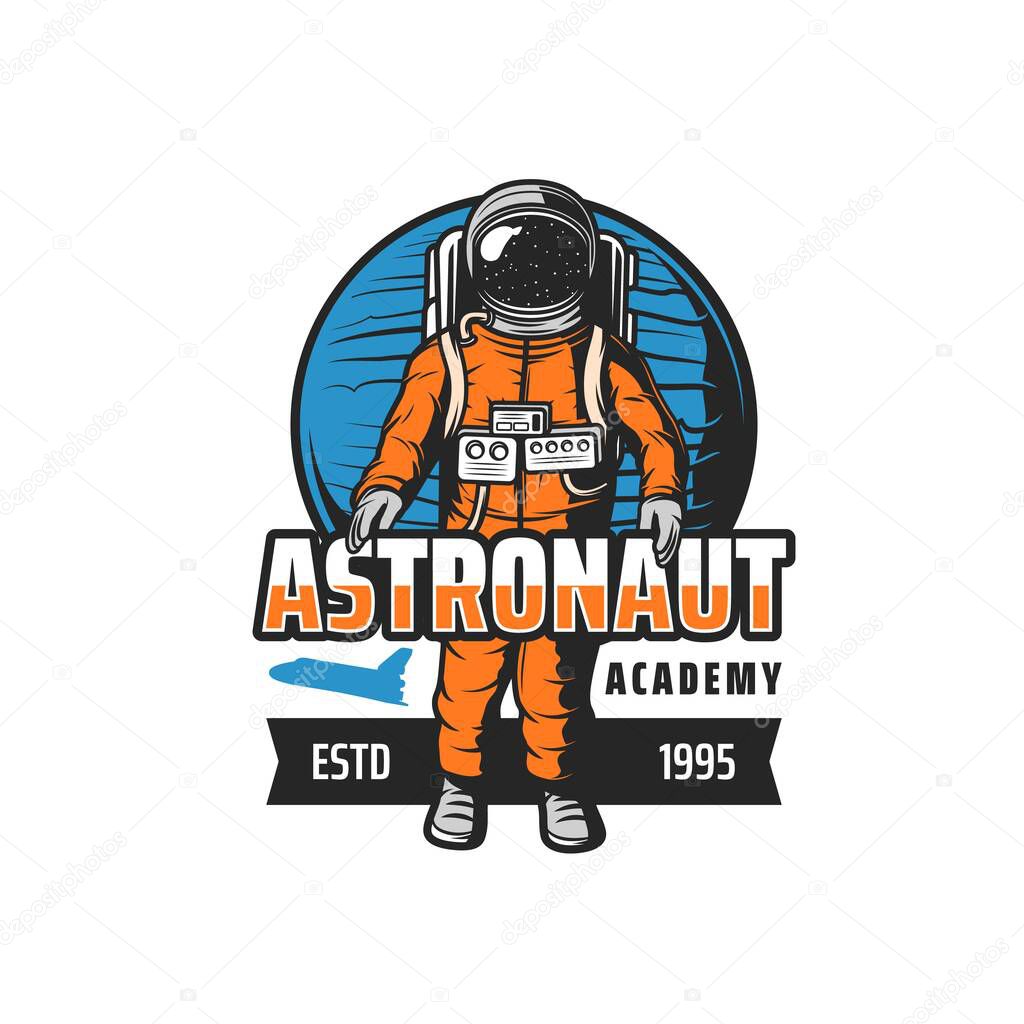 Astronaut academy icon, spaceman and orbital station or spacecraft staff training center, vector emblem. Galaxy rocket and shuttle spaceship education for spaceflights to galactic orbit exploration