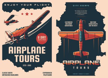 Uçak turları retro posterler, uçak seyahatleri ve uçak turizmi, yolcu uçuşları ve bilet rezervasyonları. Özel jetlerdeki havayolu turlarının ya da seyahat rehberi pilotlarıyla kiralık uçuşların vintage posterleri.