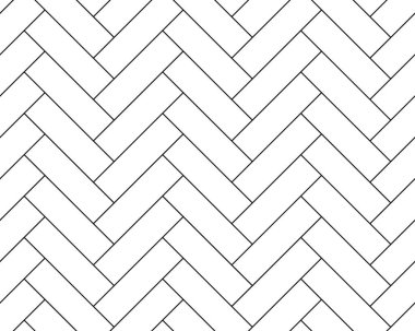 Herringbone parke taşı, vektörsüz zemin beyaz arka plan deseni. Siyah çizgi ringa kemiği parke geometrik köşegen tuğlalar zigzag, zemin veya duvar iç desen arka plan