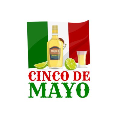 Cinco de Mayo bayramı, Meksika 'nın vektör bayrağı bir şişe tekila alkollü içecek, bardak ve limon. Cinco de Mayo Meksika bayram şenlik partisi ve Puebla Savaşı tebrik kartı tasarımı