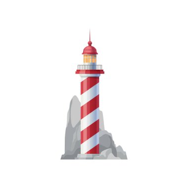 Old sea lighthouse on rock icon. Nautical beacon tower, vector coastal lighthouse lantern on seaside. Navigation safety, marine travel and tourism symbol. Lighthouse building with spiral red lies clipart