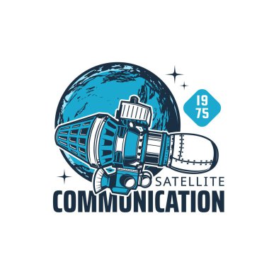 Telekomünikasyon uydusu, Dünya mekiğine yakın bir vektör. Gezegen yörüngesindeki güneş panelleri ile iletişim ekipmanları. Galaksi ve uzay araştırması, araştırmacı beyaz arka planda izole edildi