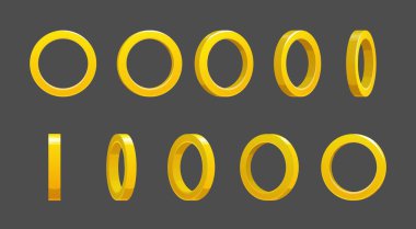 Altın yüzük animasyon oyun perisini döndürür. Çizgi film vektörü daireler çiziyor animasyon, ui dizi çerçeve, gui tasarım elementleri. Kullanıcı arayüzü, izole ikramiye veya mücevher yüzükleri için sarı altın renkli varlıklar