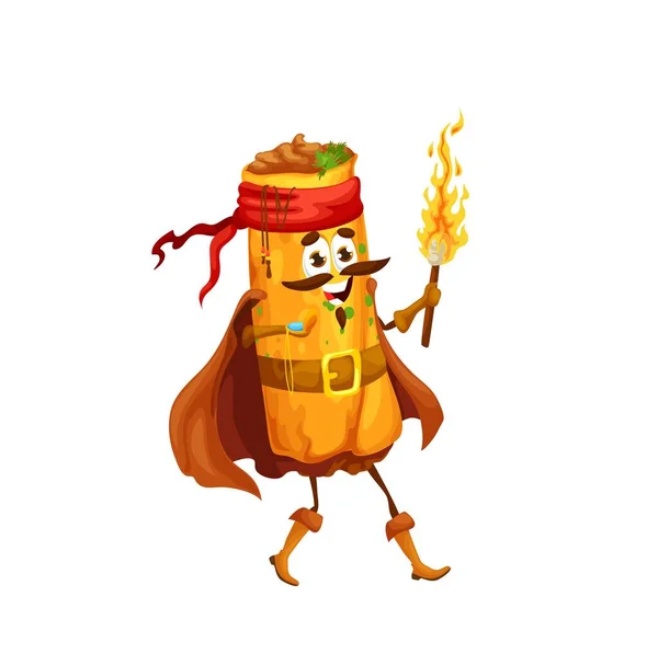 Cartoon Mexican Enchilada Pirate Character Torch Vector Roll Corn Tortilla — Archivo Imágenes Vectoriales