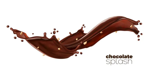 Chocolade Cacao Koffiemelk Geïsoleerde Stroom Plons Met Fijngestampte Pinda Vector — Stockvector