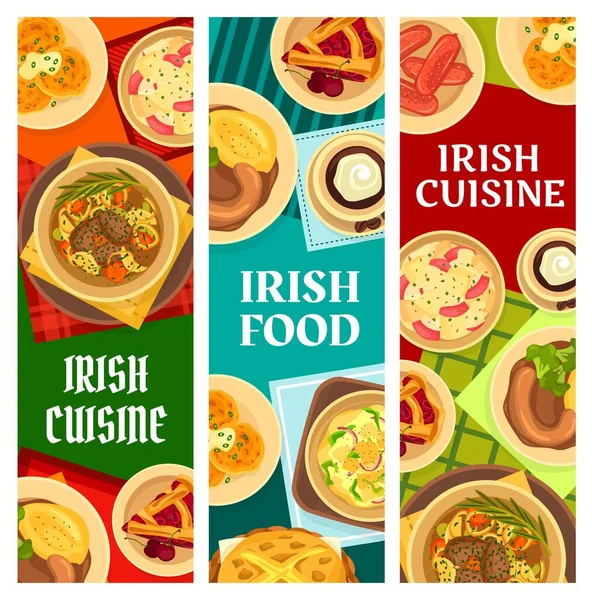 Cucina Irlandese Ristorante Pasti Banner Stufato Irlandese Verdure Manzo Pane — Vettoriale Stock