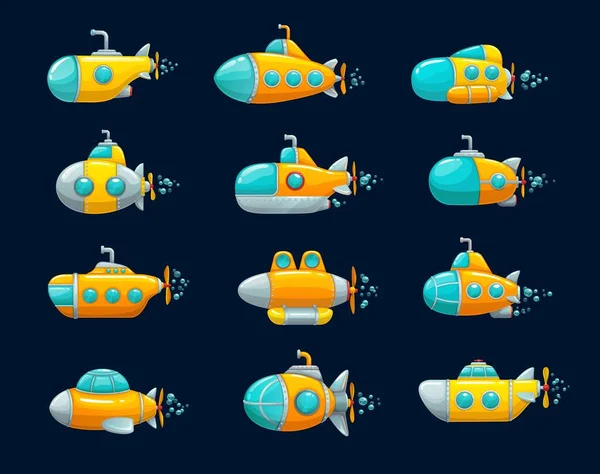 漫画潜水艦 黄色の水中船ゲーム資産 潜望鏡 ポートホール ブレードと絶縁ベクトル海の車 水上交通のための深海潜水艦 子供のゲーム資産 — ストックベクタ