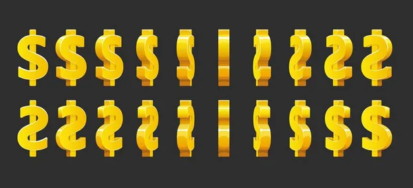 Golden Dollar Sign Animation Animated Sprite Sheet Effect Spinning Sparkling — Stock Vector