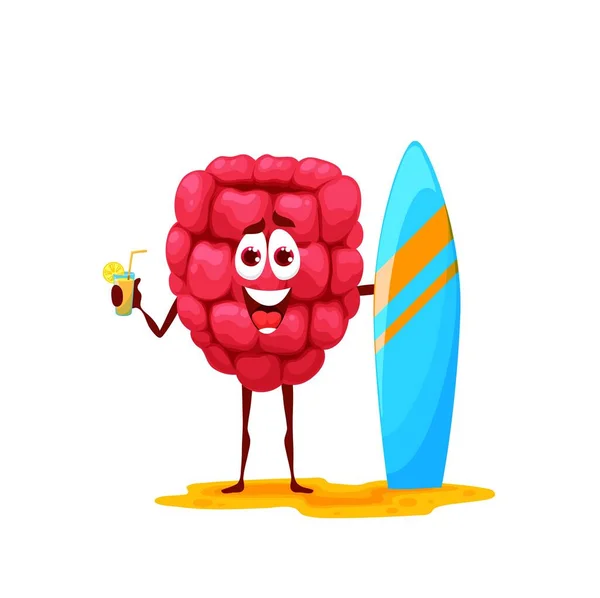 Cartoon Raspberry Character Surfboard Cocktail Cheerful Vector Garden Berry Personage — Archivo Imágenes Vectoriales