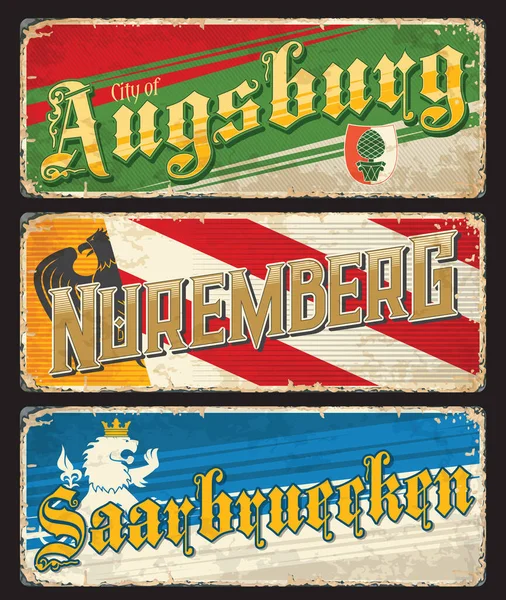Augsburg Nuremberg Saarbrucken Placas Viaje Ciudad Pegatinas Vacaciones Europeas Nostálgica — Archivo Imágenes Vectoriales