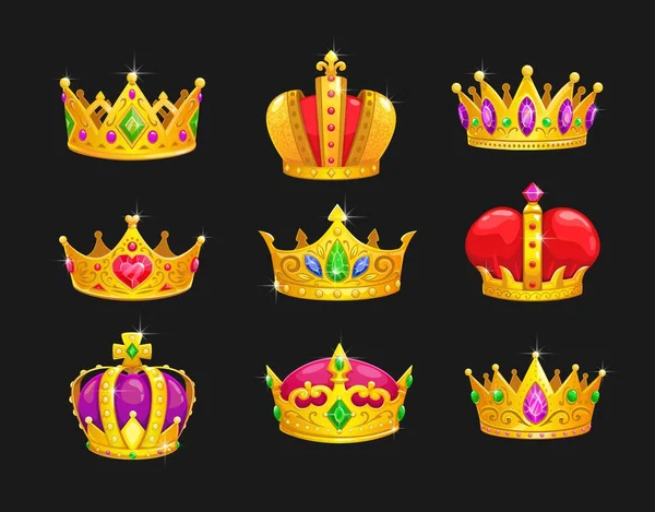 Cartoon Royal King Golden Crowns Game Asset Vector Monarch Crowning — Image vectorielle