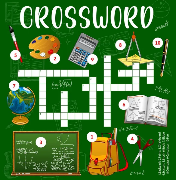 School Education Objects Crossword Puzzle Worksheet Word Quiz Vector Cross — Archivo Imágenes Vectoriales