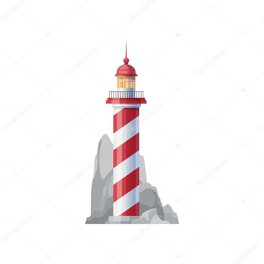 Old sea lighthouse on rock icon. Nautical beacon tower, vector coastal lighthouse lantern on seaside. Navigation safety, marine travel and tourism symbol. Lighthouse building with spiral red lies