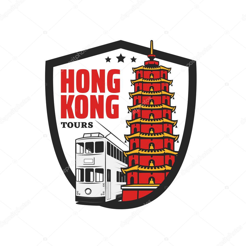 Ten thousand Buddhas monastery and double decker tram of Hong Kong vector travel landmark icon. Asian city tourism and tours to Hong Kong, national symbols of Buddhism pagoda and attractions
