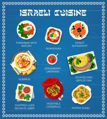 İsrail mutfağı menüsü, İsrail yemekleri shakshuka ve humus, vektör yahudi yemekleri ve yemekler. Geleneksel İsrail mutfağı sebze güveci, çilekli limonata donut sufganiyot ve doldurulmuş turna balığı.