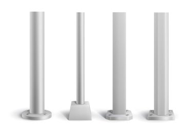 İzole çelik metal direkler ve sütunlar. Stantlarda gerçekçi vektör boruları, tabela direğinin 3 boyutlu elementleri, sokak reklam panoları veya inşaat sütunları, demir, gümüş veya alüminyum direk maketleri