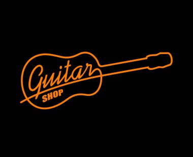 Müzik dükkanı, rock bar, canlı gösteri ya da konser, gece kulübü, disko partisi ya da barın akustik gitar ikonu ya da vektör ikonu. Turuncu neon ışıklı gitar silueti, parlayan telli müzik aleti