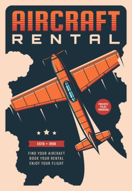 Uçak kiralama servisi antika posterinde retro uçak ya da uçak var. Vektör hava yolculuğu, eski uçuş turları ve geriye dönük uçak veya tek kanatlı pilot eğitim pankartı, pervane motorlu uçak