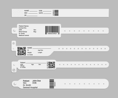 Hastane bilekliği ya da bileklik modeli. Hasta tanımlama vektör el bandı, izole edilmiş beyaz kağıt, QR veya barkodlu plastik veya kauçuk etiketler, doktor ve hasta isimleri