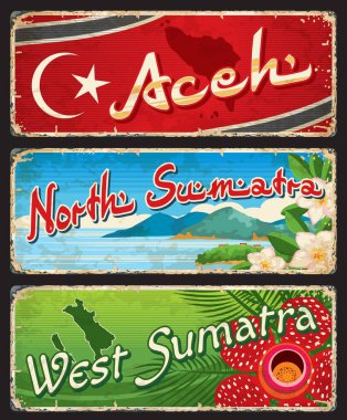 Aceh, Kuzey ve Batı Sumatra Endonezya bölge plakaları ve seyahat etiketleri. Endonezya eyaleti grunge teneke levhası, Asya seyahati retro vektör kartpostalı hilal, deniz manzarası ve rafflesia çiçeği