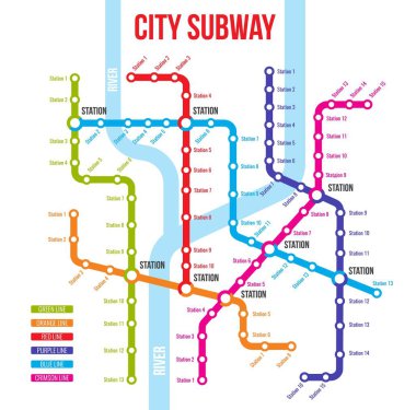 Şehir metrosu, metro yeraltı ulaşım sistemi haritası. Şehir tren istasyonu şeması ya da vektör planı. Metropolis Şehri Yolcu Taşımacılık Planı veya Haritası, Metro Ağı Bilgileri