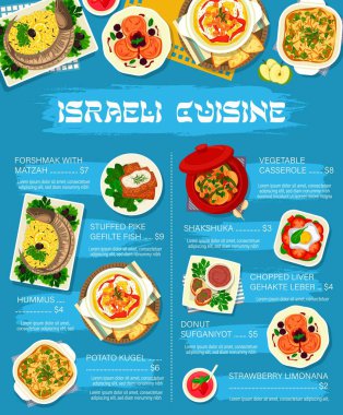 İsrail mutfağı menüsü, İsrail yemekleri ve yemekleri, vektör shakshuka ve humus. İsrail mutfağı ya da Yahudi lokantası menüsü gefilte balığı, sebze güveci forhsmak ve matzah