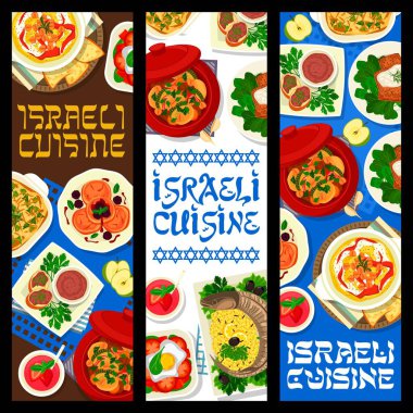 İsrail mutfak afişleri, İsrail yemekleri ve yemekleri, vektör restoran menüsü. İsrail ya da Yahudi mutfağı yemekleri, Shakshuka, forshmak ve matza ile geleneksel humus gefilte balığı ya da doldurulmuş turna balığı.