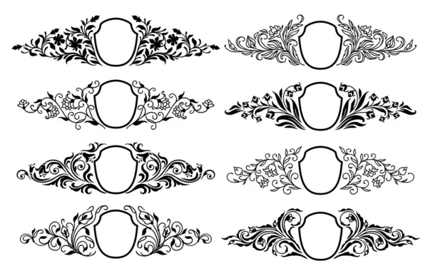 精致的婚礼花框和边框 矢量邀请和图案华丽的装饰元素 维多利亚女王花的古老饰物 华丽的巴洛克旋涡 带有盾牌的叶子图案 — 图库矢量图片
