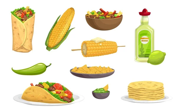 Mexican Cuisine Meals Cartoon Food Drink Set Vector Burrito Taco — Stock Vector
