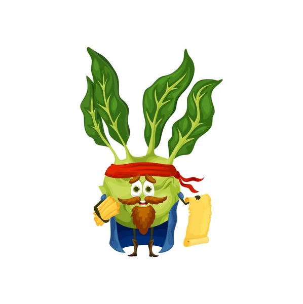 Cartoon Kohlrabi Piraten Gemüsefigur Glücklich Lächelnde Bauernhof Vektorpersönlichkeit Mit Pergamentpapierrollen — Stockvektor