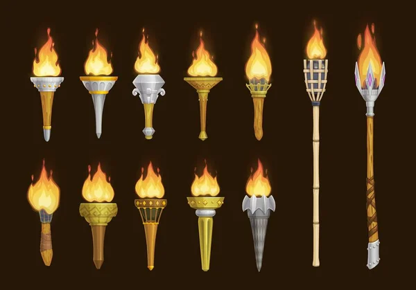 Cartoon Medieval Torches Vector Game Assets Ancient Torch Lanterns Burning — Archivo Imágenes Vectoriales