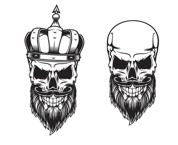 Crâne Barbu Couronne Tatouage Tête Squelette Roi Mort Vecteur Avec — Image vectorielle