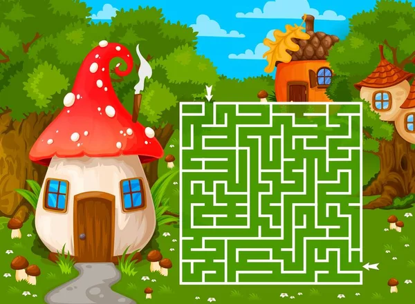 Labirinto Labirinto Con Foresta Magica Funghi Dei Cartoni Animati Nido — Vettoriale Stock