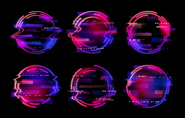 Abstract Neon Circle Rings Glitch Frames Futuristic Technology Vector Background — стоковый вектор