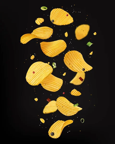 玉ねぎとスパイスでクリスピーなリップルポテトチップスを落下 ベクトルカリカリスナック秋の動き おいしい食べ物の広告 野菜の鮮明な塩の食事のプロモーション黒の背景に現実的な3Dチップ — ストックベクタ