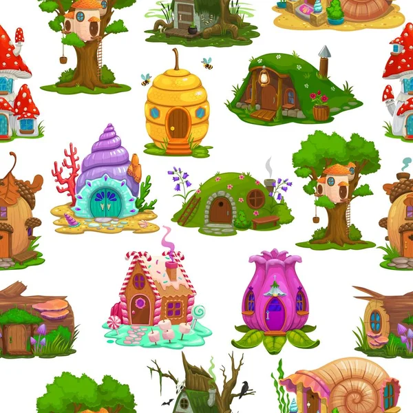 Cartoon Fairytale Houses Dwellings Seamless Pattern Fantasy Creatures Homes Dugouts — Stock Vector