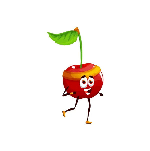 卡通片运行有趣的樱桃向量浆果运动员角色赛马场 慢跑健康的生活方式 维生素食品体育活动 锻炼或竞争 孤立的人 — 图库矢量图片