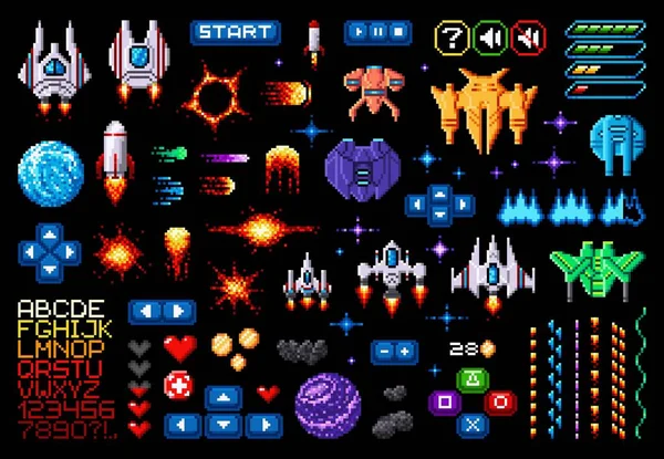 宇宙ゲーム資産8Bitピクセルアート銀河惑星 ロケット 宇宙船 フォントとピクセル化されたゲームインターフェースボタン ヴィンテージベクトルシャトル メニュー要素 ハート 彗星または流星 — ストックベクタ