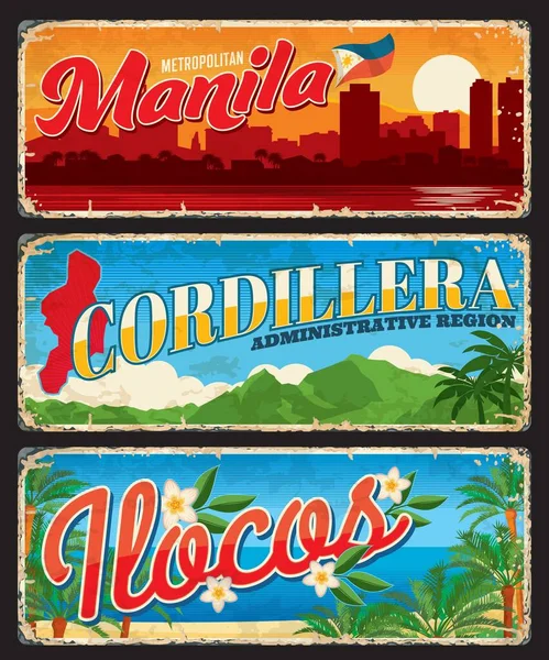Manille Cordillère Ilocos Provinces Des Philippines Plaques Voyage Vectorielles Autocollants — Image vectorielle