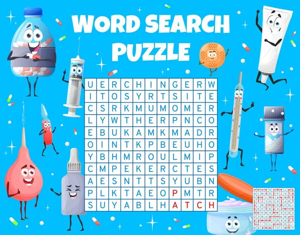 Cartoon Medical Instruments Pills Ointment Word Search Puzzle Game Worksheet — стоковый вектор