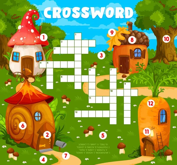 Cartoon Mushroom Snail Acorn Carrot Fairytale Houses Crossword Grid Worksheet — Vector de stock
