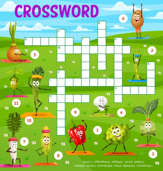 Cartoon Vegetables Yoga Crossword Puzzle Game Grid Vector Find Word — стоковый вектор