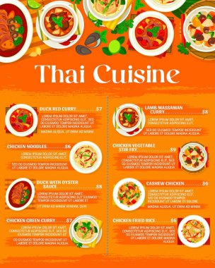 Thai cuisine menu with food of Thailand, Asian restaurant dishes, vector. Thai cuisine curry sauce and rice for dinner, noodle plates and lunch meals of traditional gourmet Bangkok kitchen