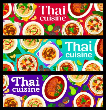 Tayland mutfağı afişleri, Tayland mutfağı menüsü, Asya eriştesi, vektör. Tayland ve Bangkok yemekleri tavukla öğle yemeği, köri soslu pilav, otantik restoran yemekleri ördek, kuzu ve domuz eti