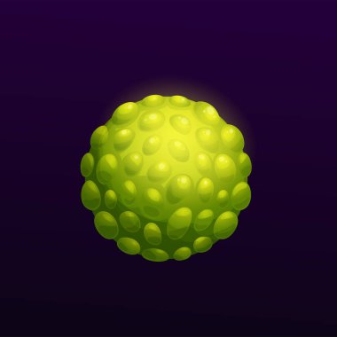 Yeşil çıkıntılı, uzay ve fantezi galaksi dünya vektör ikonu olan galaksi gezegeni. Yüzeyinde yeşil lav kabarcıkları olan karikatür galaktik gezegen, fantastik evren ve yabancı kozmik galaksi oyunu