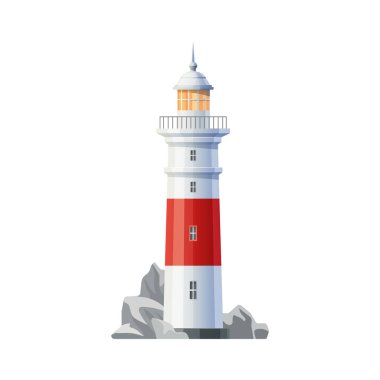 Antik deniz feneri binası ikonu. Sahil feneri fener kulesi, yön bulma feneri. Deniz yolculuğu, okyanus kıyısında taşları ve kayaları olan turizm feneri.