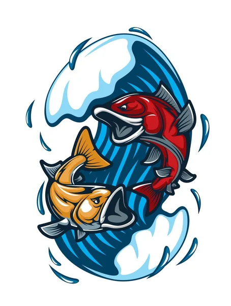 Cartoon Fish Mascot Fishing Sport Tattoo Big Fishes Sea Wave — Vector de stock